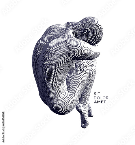 Full length view of sad stressed man sitting with hands on knees. Time for reflection. Man thinks about a problem. Despair, depression, hopelessness or addiction concept. 3D vector illustration.