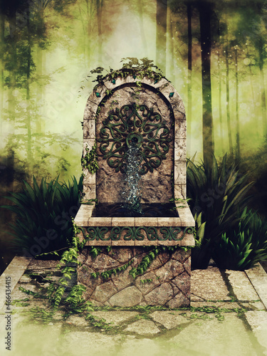 Dark scene with an old stone well with green ivy and forest trees around it. 3D render.