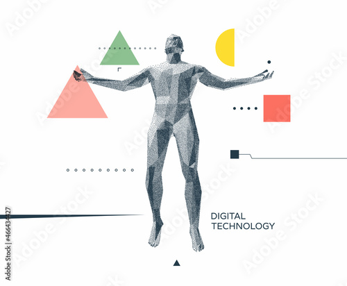 Leadership, freedom or development concept. Jumping man. 3D human body model. Design for sport. Vector illustration composed of particles.