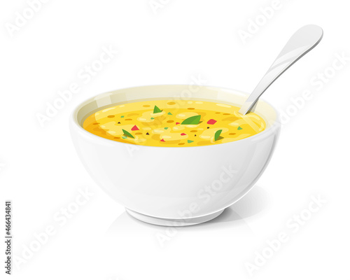 Soup in ceramic bowl spoon. Dinner food. Puree. Isolated on white background. Vector illustration.
