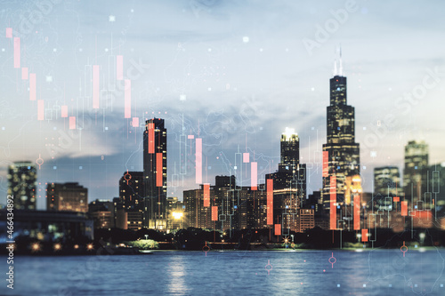 Abstract virtual crisis chart illustration on Chicago skyline background. Global crisis and bankruptcy concept. Multiexposure © Pixels Hunter