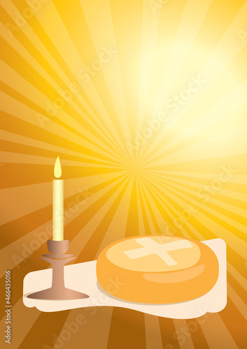 yellow background with candle and ritual bread for Slava holiday - vector greeting card