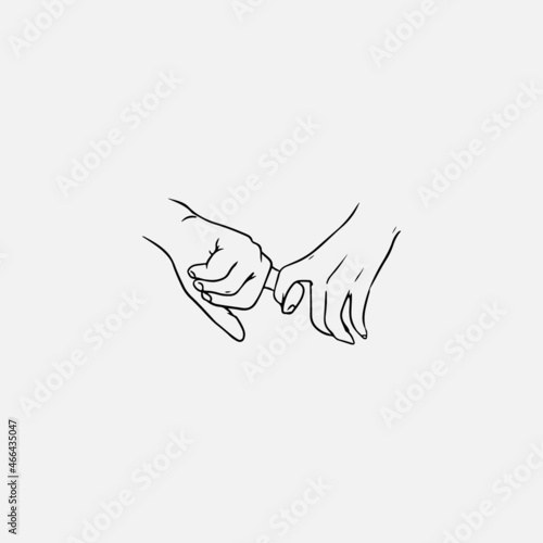 Holding hands hand drawn with contour lines in monochrome colors. Drawing of one-finger handhold isolated on white background. Symbol of love, dating, intimacy and romance. Vector illustration.