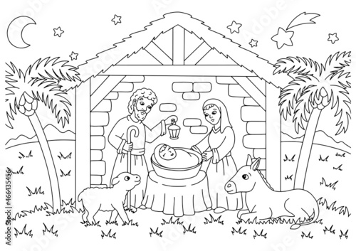 Nativity scene. Coloring book page for kids. Cartoon style character. Vector illustration isolated on white background.