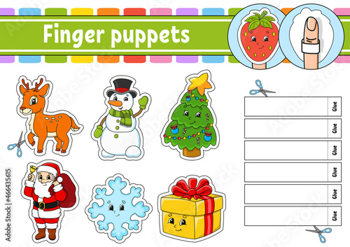 Finger puppets. Activity Game for kids. Cute characters. Cartoon style. Christmas theme. Color vector illustration.