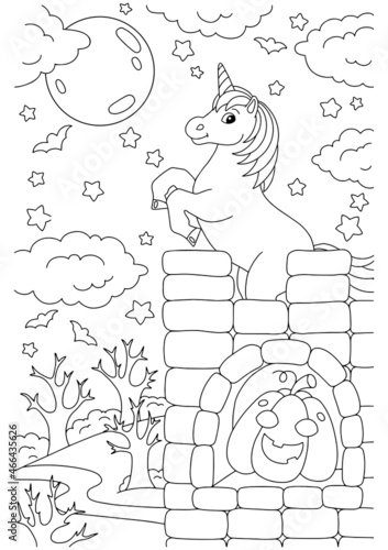 The unicorn stands on a high castle. Coloring book page for kids. Cartoon style character. Vector illustration isolated on white background.