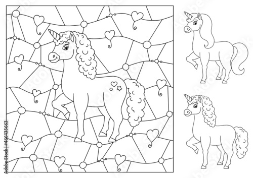 Magic fairy unicorn. Cute horse. Coloring book page for kids. Cartoon style. Vector illustration isolated on white background.