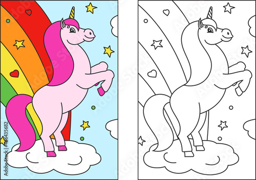Coloring book for kids. The magical unicorn reared up. The animal horse stands on its hind legs. Cartoon style. Simple flat vector illustration.