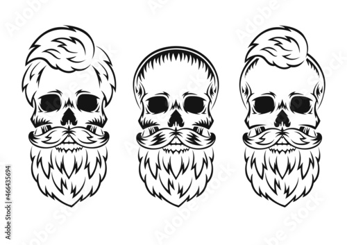Human skull with beard and mustache. Black silhouette. Design element. Hand drawn sketch. Vintage style. Vector illustration.