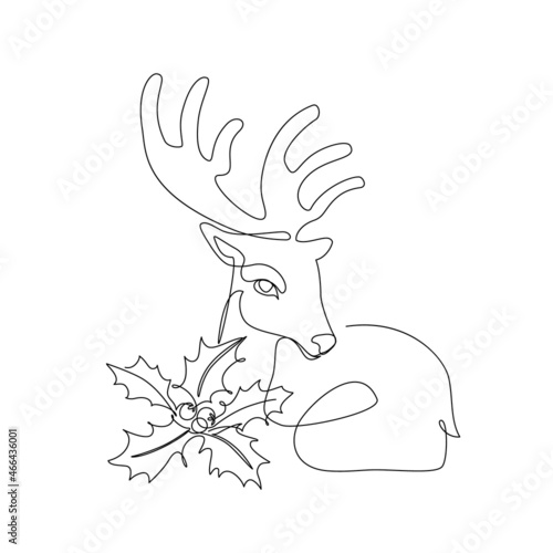 Continuous line drawing of cartoon reindeer animal with holly berries