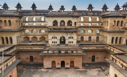 Facade with small towers of the fort in Orchha, India