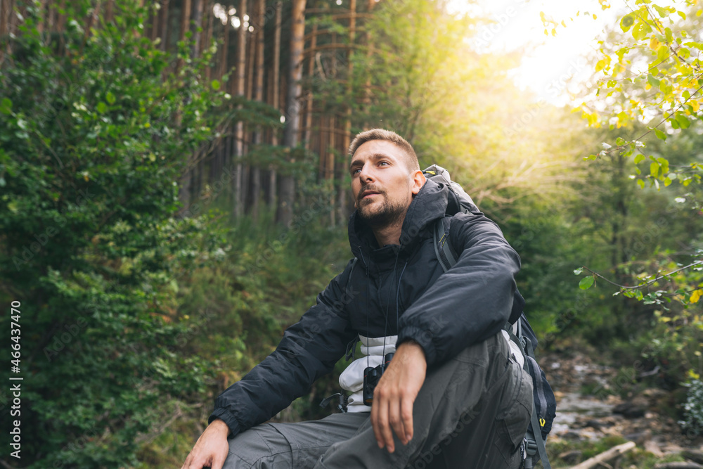 Male tourist contemplating in forest Male tourist contemplating in forest