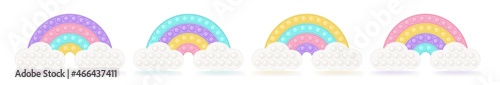 Set of popit rainbows on the clouds as a fashionable silicon fidget toys. Antistress toy for fidget in pastel colors. Bubble sensory popit toy. Vector illustration isolated on a white background.