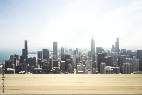 Blank tabletop made of wooden planks with beautiful Chicago cityscape at daytime on background  mockup