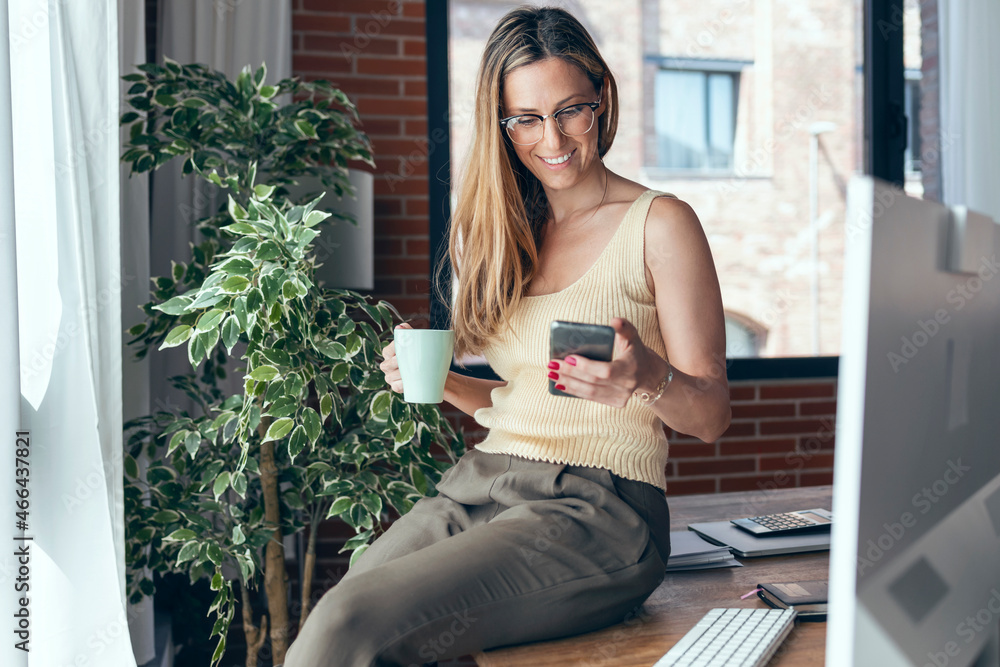 Smiling female freelancer using smart phone while sitting on desk