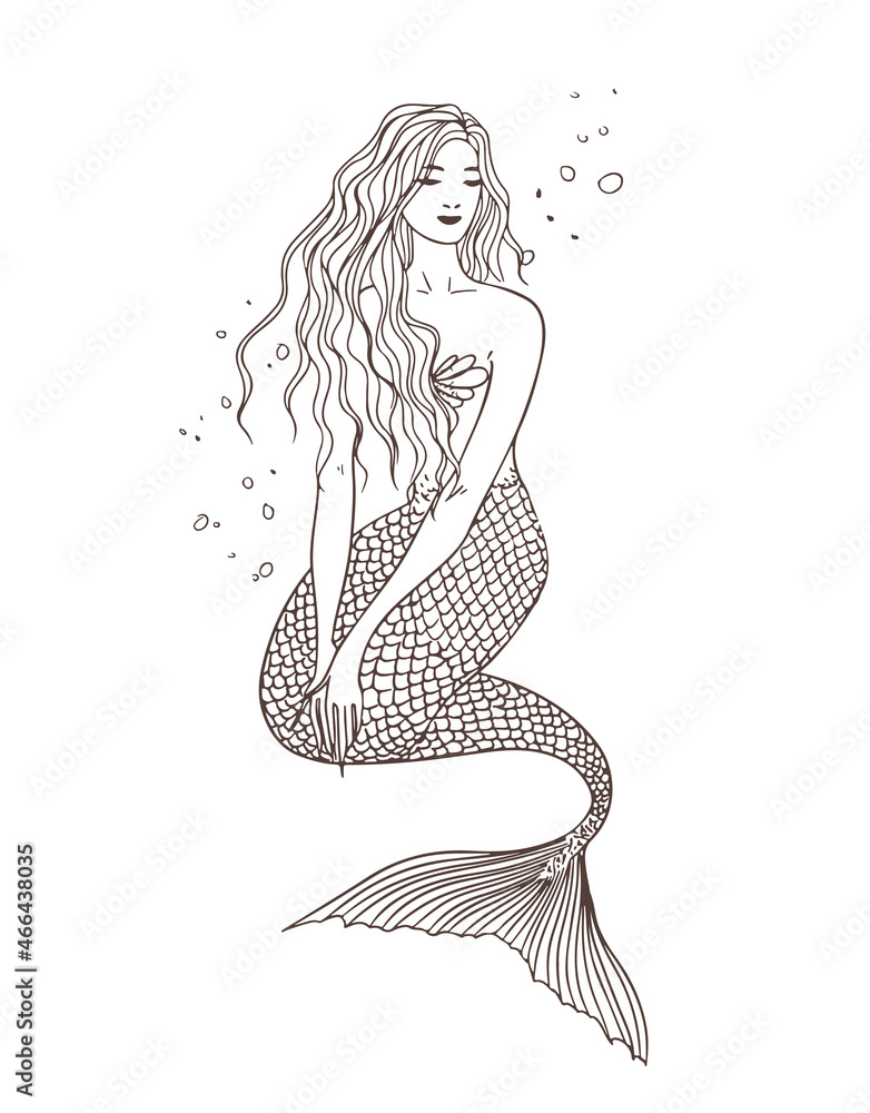 Mermaid under the water, front view, sitting posture. hand drawn contour illustration. Beautiful naiad.