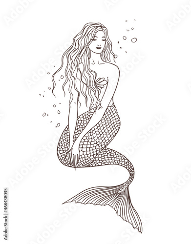 Mermaid under the water, front view, sitting posture. hand drawn contour illustration. Beautiful naiad. photo