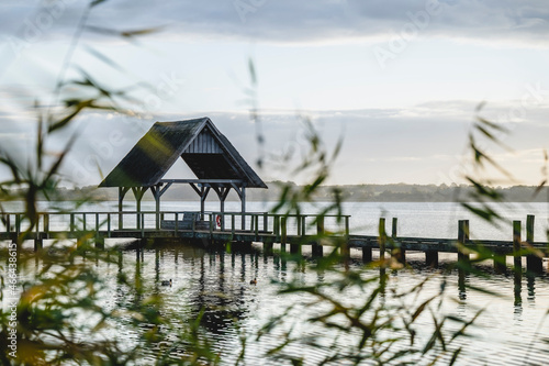 Germany, Schleswig-Holstein, Hemmelsdorf, Vogelplattform Hemmelsdorfer See observation deck at dusk photo