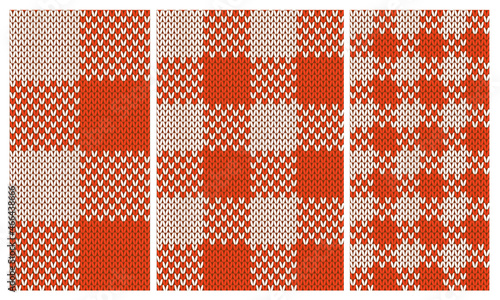 Set of red and white knit gingham seamless patterns. Vector illustration of knitted plaid texture from squares. Abstract geometric handmade background for blankets, clothes.