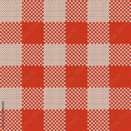 Red and white knit gingham seamless pattern. Vector illustration of knitted plaid texture from squares. Abstract geometric handmade background for blankets, clothes.