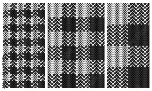 Set of black and white knit gingham seamless patterns. Vector illustration of knitted plaid texture from squares. Abstract geometric handmade background for blankets, sweaters, clothes.