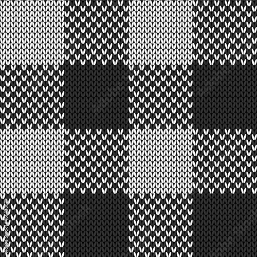 Black and white knit gingham seamless pattern. Vector illustration of knitted plaid texture from squares. Abstract geometric handmade background for blankets, sweaters, clothes.