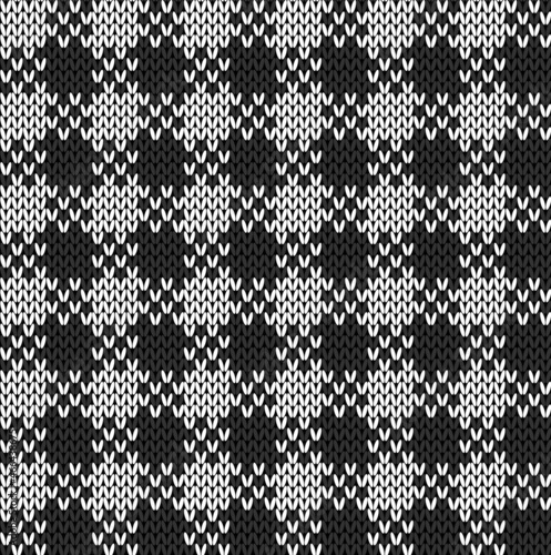 Black and white knit gingham seamless pattern. Vector illustration of knitted plaid texture from squares. Abstract geometric handmade background for blankets, sweaters, clothes.