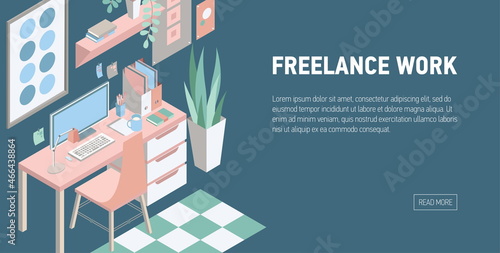 Horizontal banner with isometric desk, chair, computer, shelf, various furnis...
