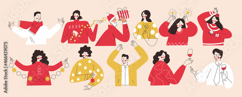 Happy people team together celebrating a holiday Christmas party or New Year on corporate event. Set of man woman with champagne, garland, sparklers, confetti, gift, having toast vector illustration
