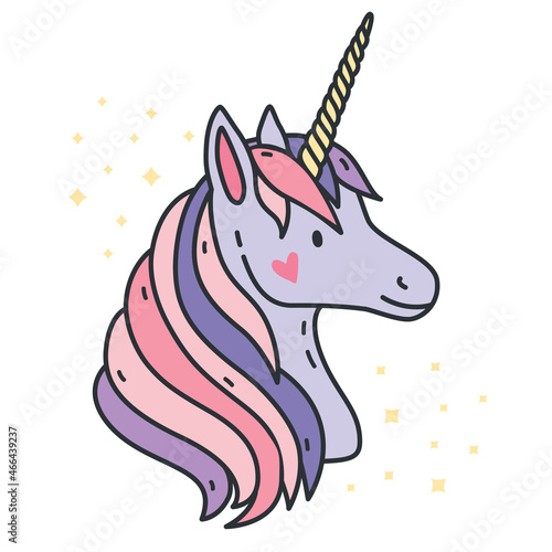 Portrait of cute unicorn. Purple fantasy animal with horn. Side view. Colorfu...