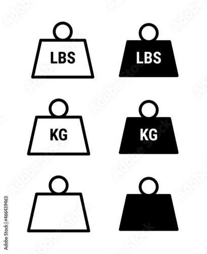 set of unit imperial pound mass, kilogram, and metal weight heavy solid and line art style icon vector for websites