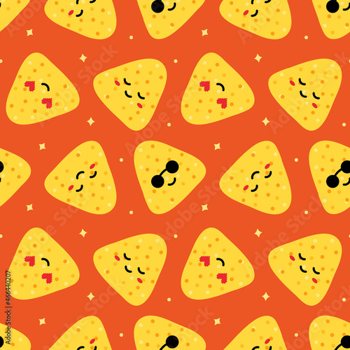 Cute smiling cartoon style nacho chips, tortilla chips vector seamless pattern background for mexican food, snack design.