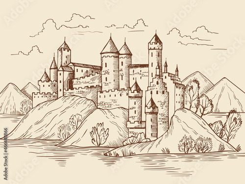 Medieval background. Fantasy historical buildings with fortress towers house from vintage bricks recent vector landscape hand drawn illustration