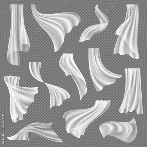 Curtains. Textile transparent decoration for interior curtains on hangers window wind decent vector realistic templates set