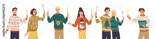 Young people in ugly sweaters with sparklers. Men and women celebrate New Year and Christmas. Flat vector illustration