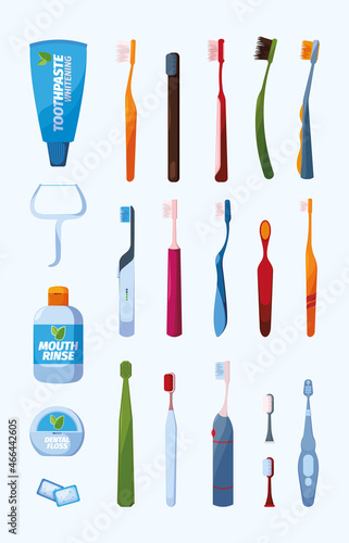 Oral hygiene. Medical equipment for cleaning teeth toothbrushes orthodontic tools pasta mouthwashes water garish vector set