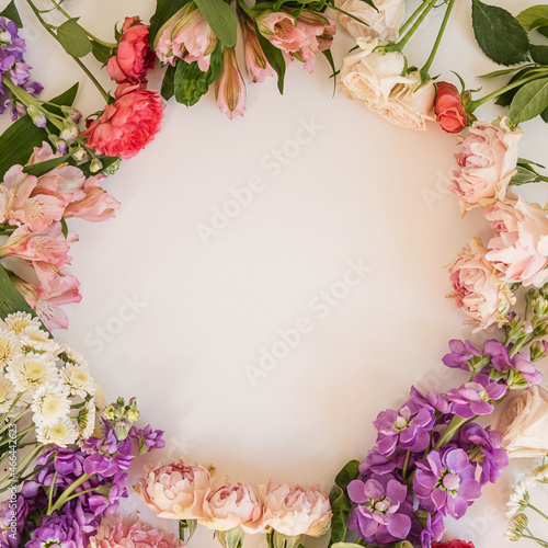 Round frame wreath pattern with roses, pink flower buds, branches and leaves isolated on white background. Flat lay, top view. Aesthetic floral template with blank space