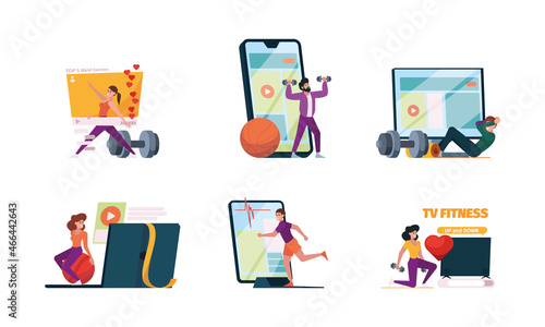 Online sport. Personal fitness exercises web broadcast translation coaching training with gadgets garish vector illustrations characters in flat style