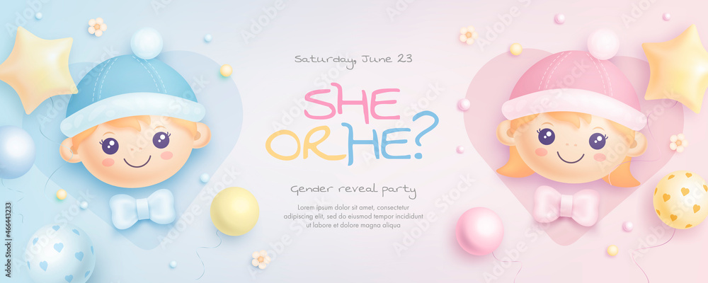 He or she. Cartoon gender reveal invitation template. Horizontal banner with realistic helium balloons. Vector illustration - obrazy, fototapety, plakaty 