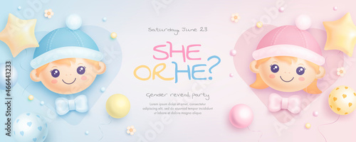 He or she. Cartoon gender reveal invitation template. Horizontal banner with realistic helium balloons. Vector illustration