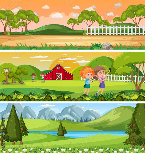 Set of different nature landscape at daytime scene with cartoon character