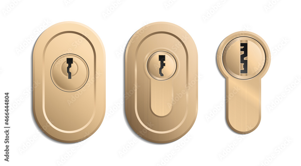 Gold keyholes 3d templates. Metal key holes for door locks, padlocks and lockers. Detailed