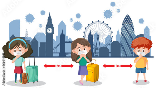 Social distancing with tourists waiting in a queue