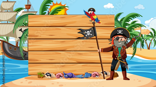 Pirate captain at the beach daytime scene with an empty wooden banner template