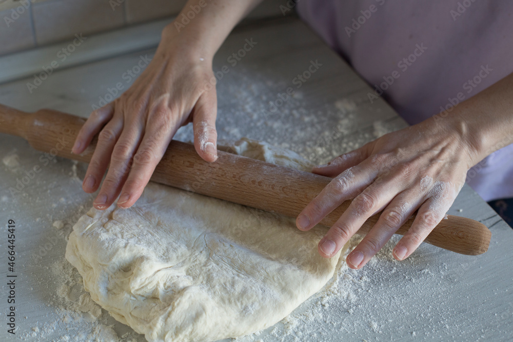 Yeast dough for bread or pizza on a floured surface, with flour splash. Cooking bread. Kneading the Dough.
the process of making dough
