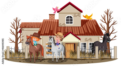 Girl riding horse at old broken house in the rural