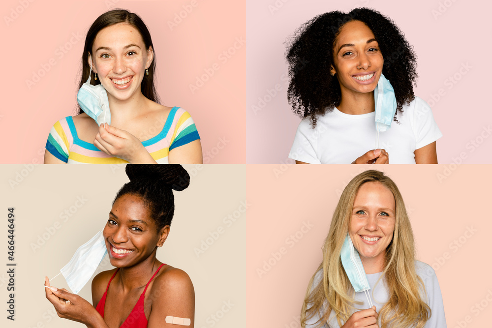 Smiling diverse women taking off face mask in the new normal