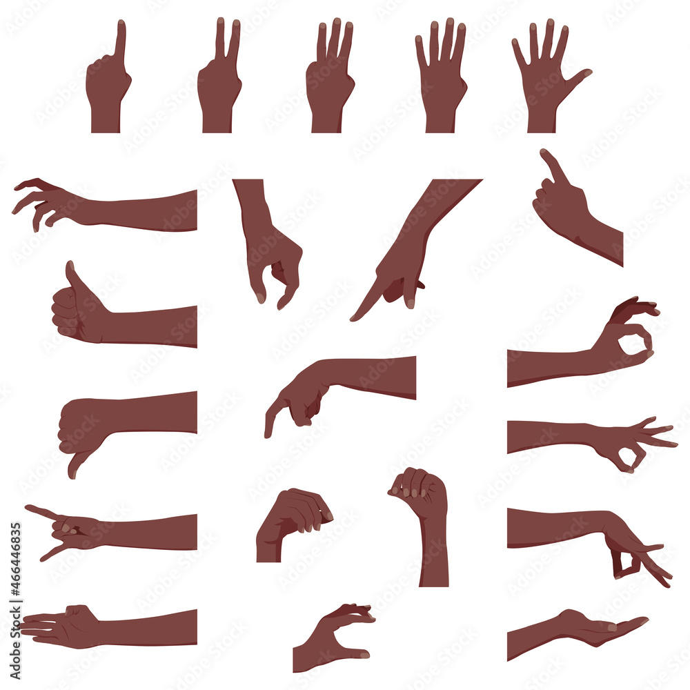 Set of hands in different gestures emotions and signs. Afro American dark skin color. Vector illustration isolated on white background.