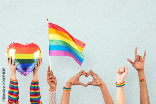 Schilderij op canvas LGBTQ+ pride celebration with hand and crowd cheering