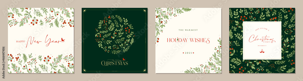 Ornate Merry Christmas greeting cards. Trendy square Winter Holidays art templates. Suitable for social media post, mobile apps, banner design and web, internet ads. - obrazy, fototapety, plakaty 